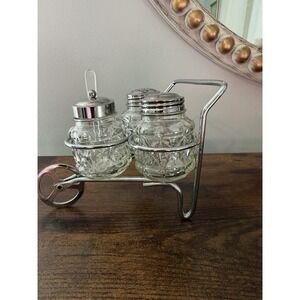 Vintage Wheelbarrow Cruet Set Glass Salt Pepper Sugar Caddy MCM Retro